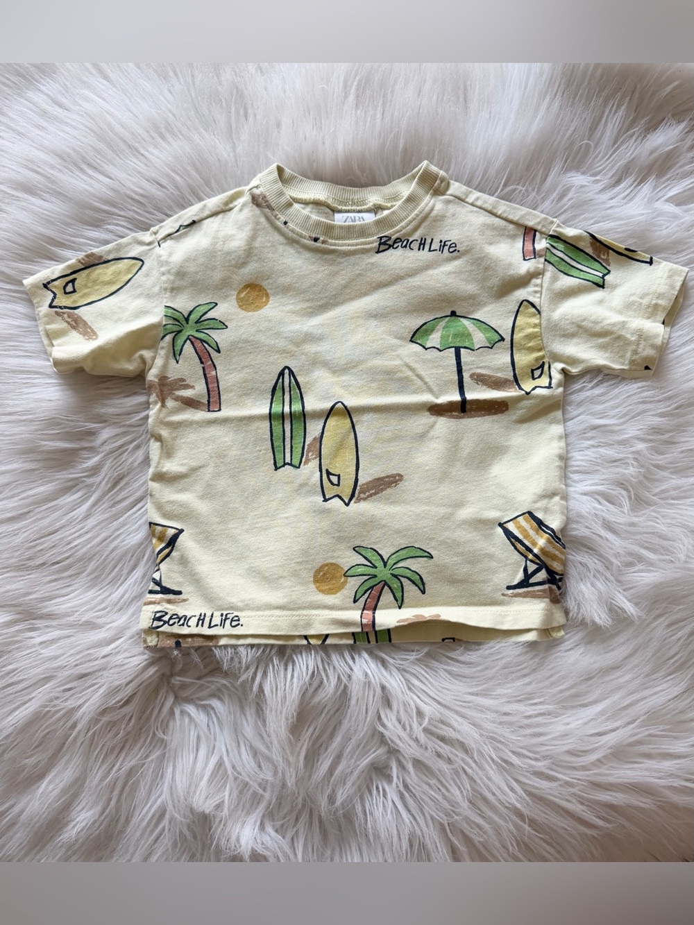 Zara Kids Pale Yellow Beach Print Short Sleeve Tee